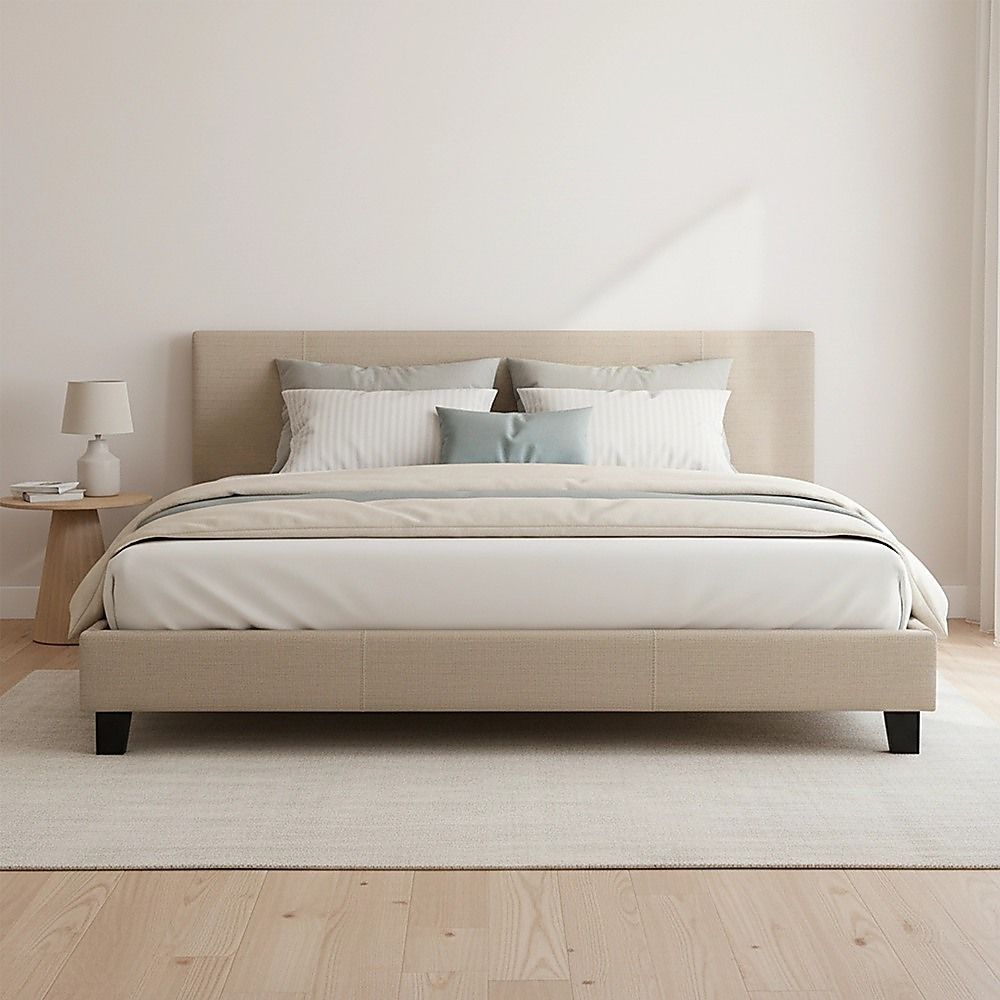 King Bed Frame Linen Fabric Upholstered Modern Beige Design
