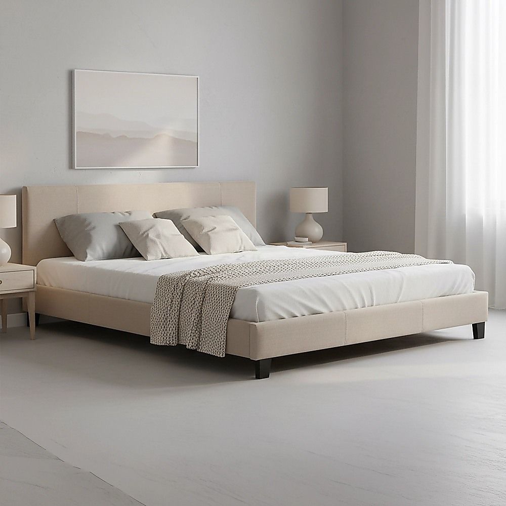King Bed Frame Linen Fabric Upholstered Modern Beige Design