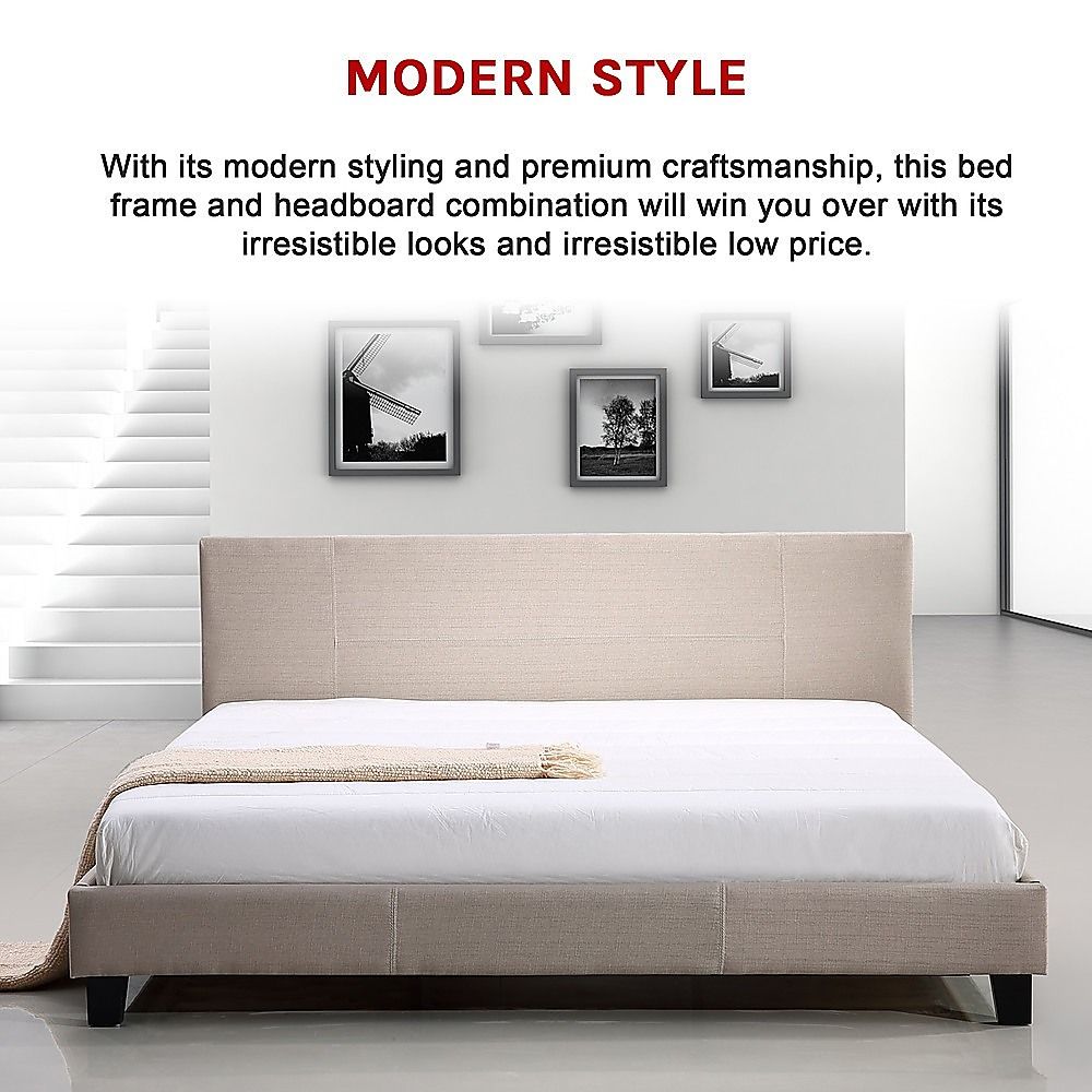 King Bed Frame Linen Fabric Upholstered Modern Beige Design