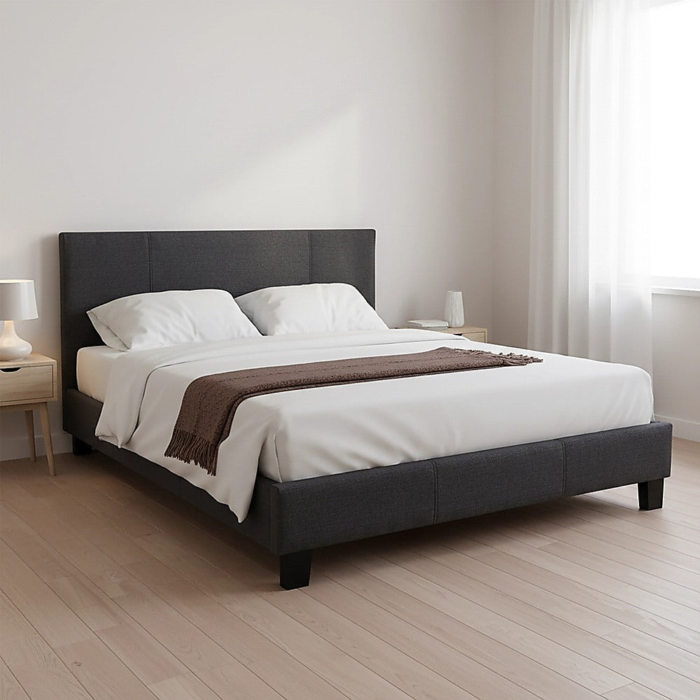 Double Bed Frame Linen Fabric Upholstered Modern Grey Design