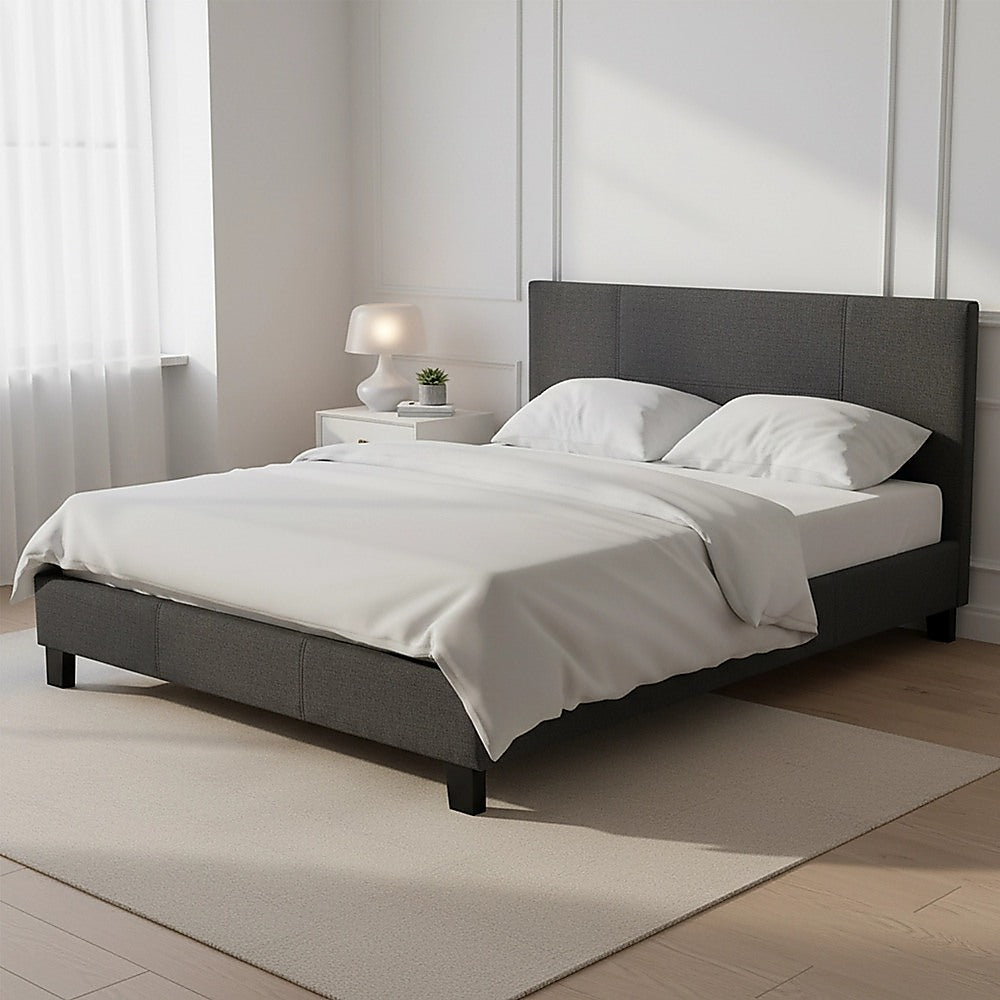 Double Bed Frame Linen Fabric Upholstered Modern Grey Design