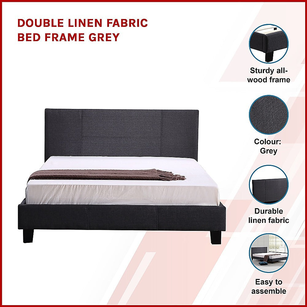 Double Bed Frame Linen Fabric Upholstered Modern Grey Design