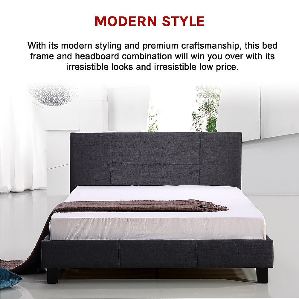 Double Bed Frame Linen Fabric Upholstered Modern Grey Design