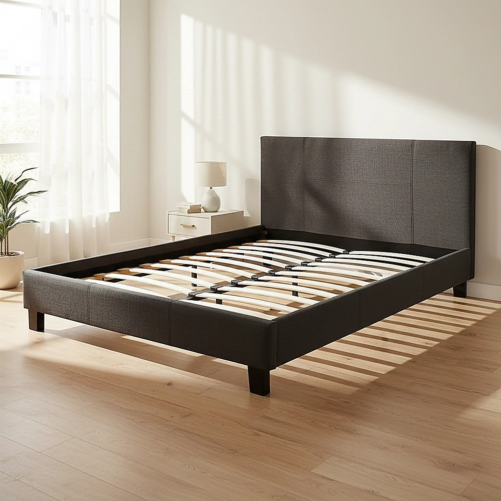 Queen Bed Frame Linen Fabric Upholstered Modern Grey Design