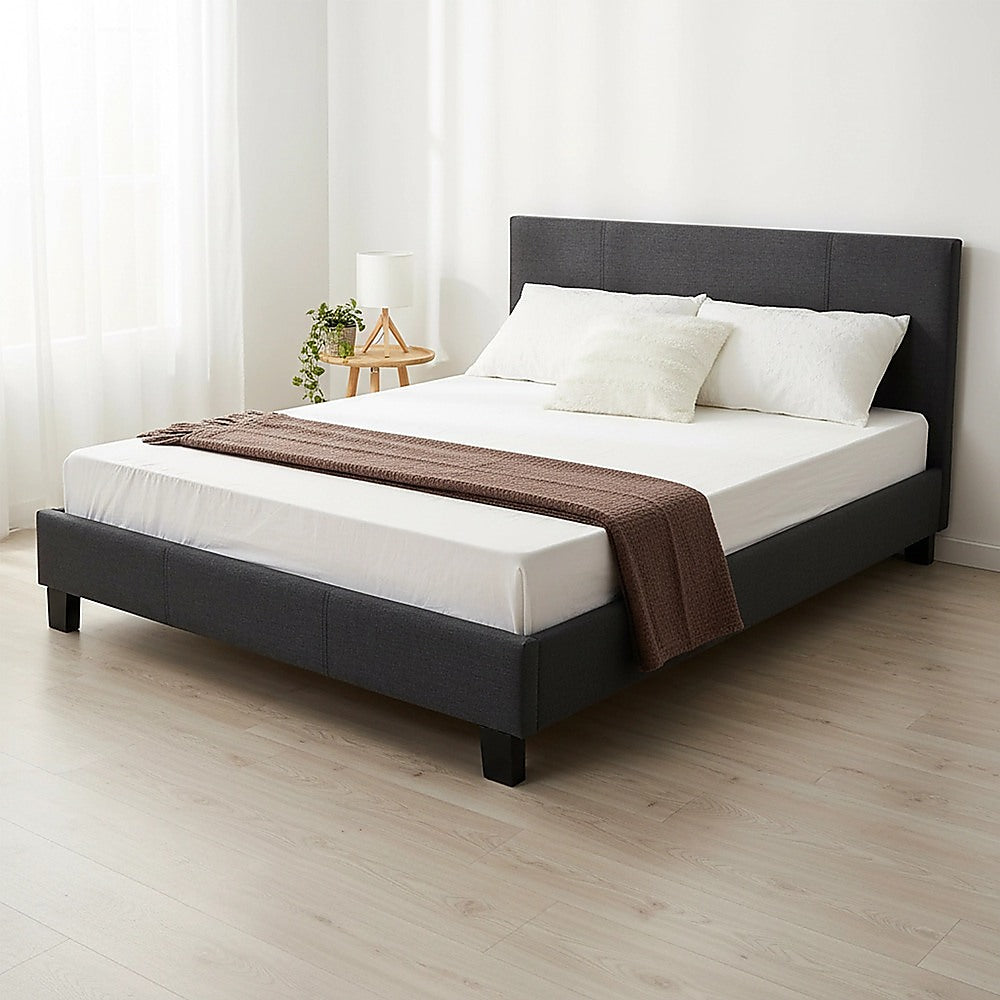 Queen Bed Frame Linen Fabric Upholstered Modern Grey Design