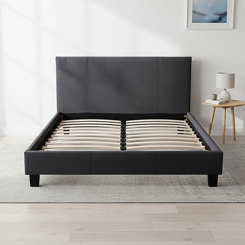 Queen Bed Frame Linen Fabric Upholstered Modern Grey Design