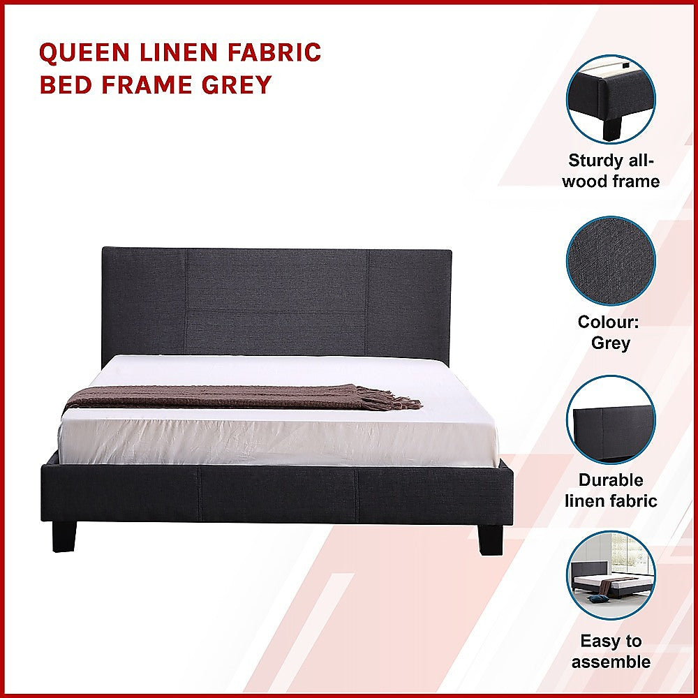 Queen Bed Frame Linen Fabric Upholstered Modern Grey Design