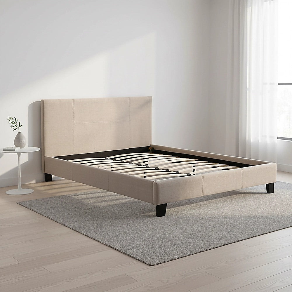 Queen Bed Frame Linen Fabric Upholstered Modern Beige Design