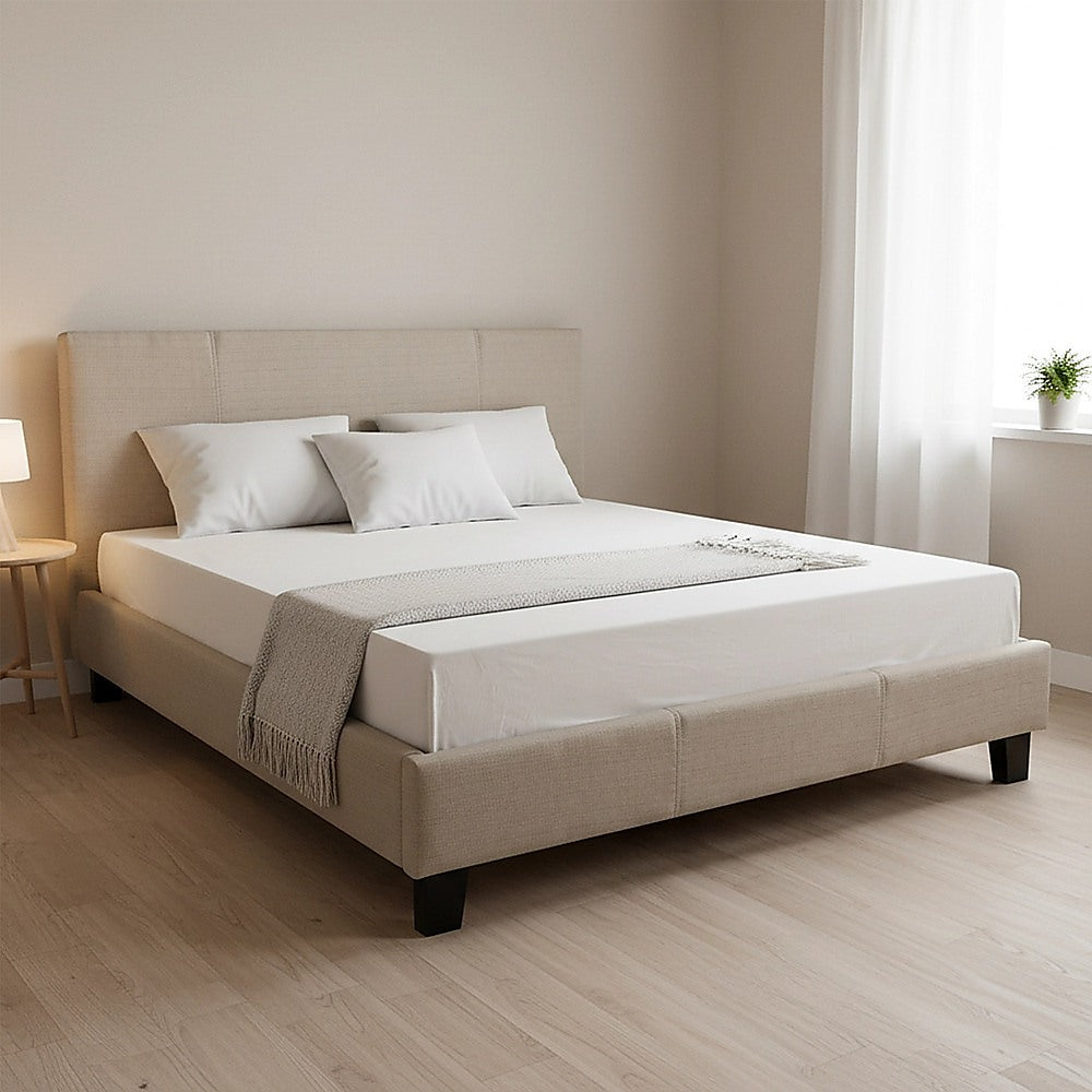 Queen Bed Frame Linen Fabric Upholstered Modern Beige Design