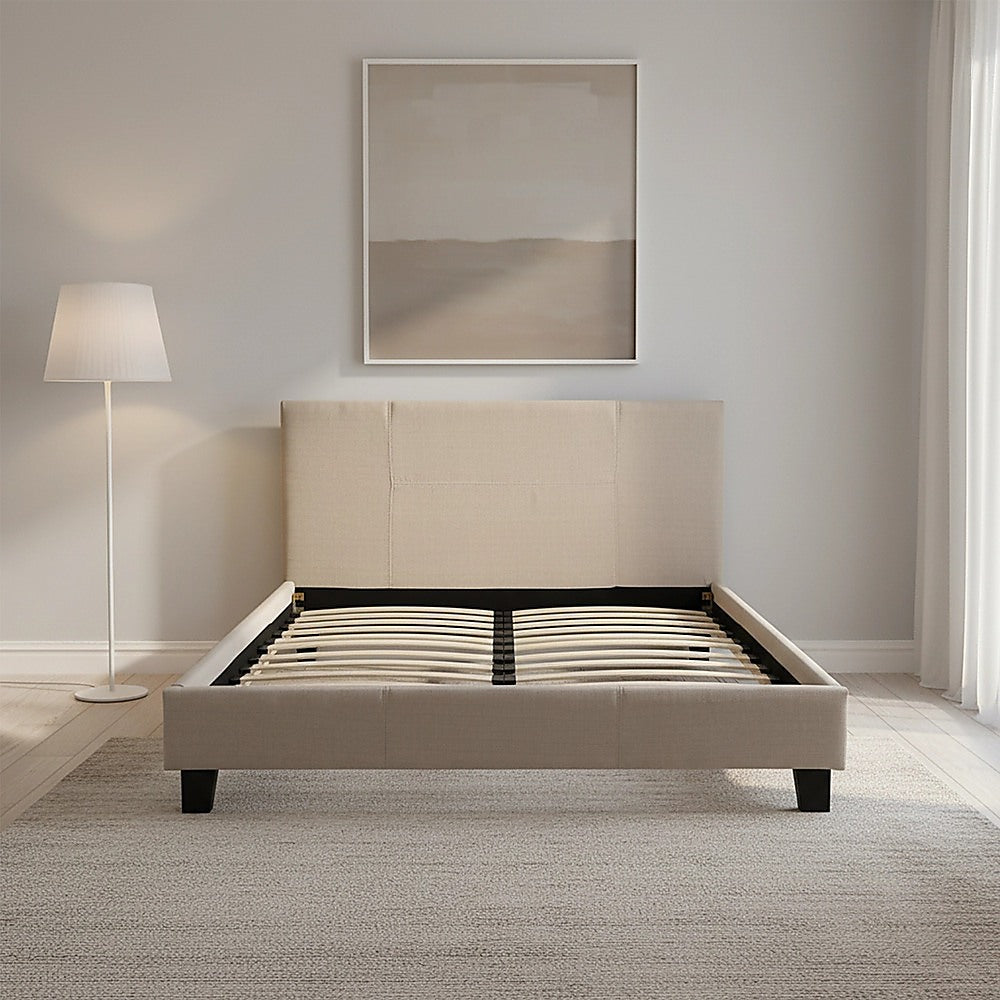 Queen Bed Frame Linen Fabric Upholstered Modern Beige Design