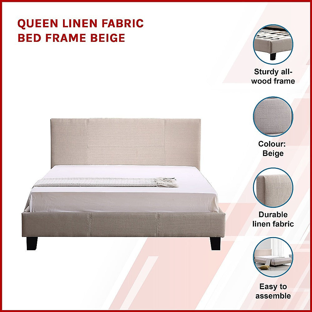 Queen Bed Frame Linen Fabric Upholstered Modern Beige Design