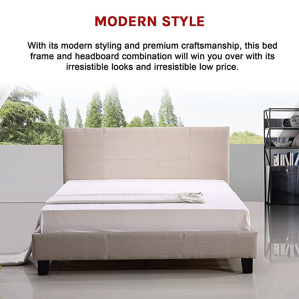 Queen Bed Frame Linen Fabric Upholstered Modern Beige Design