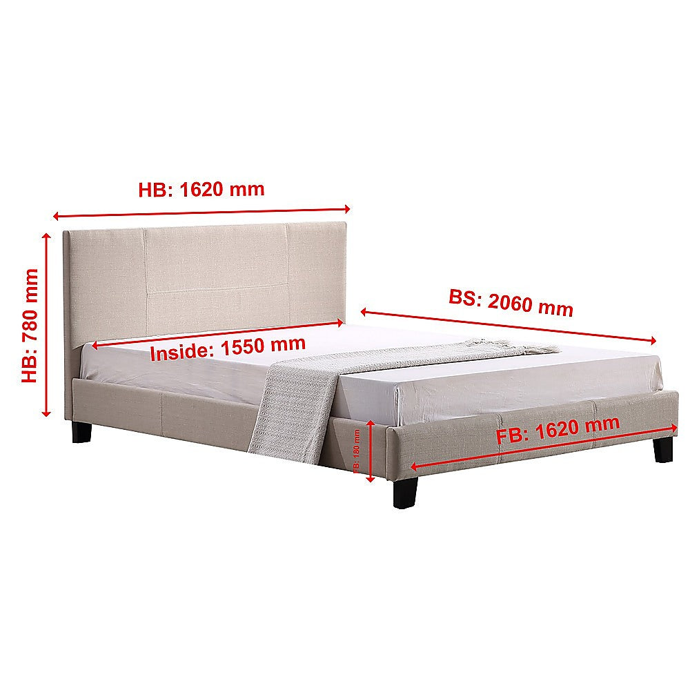 Queen Bed Frame Linen Fabric Upholstered Modern Beige Design