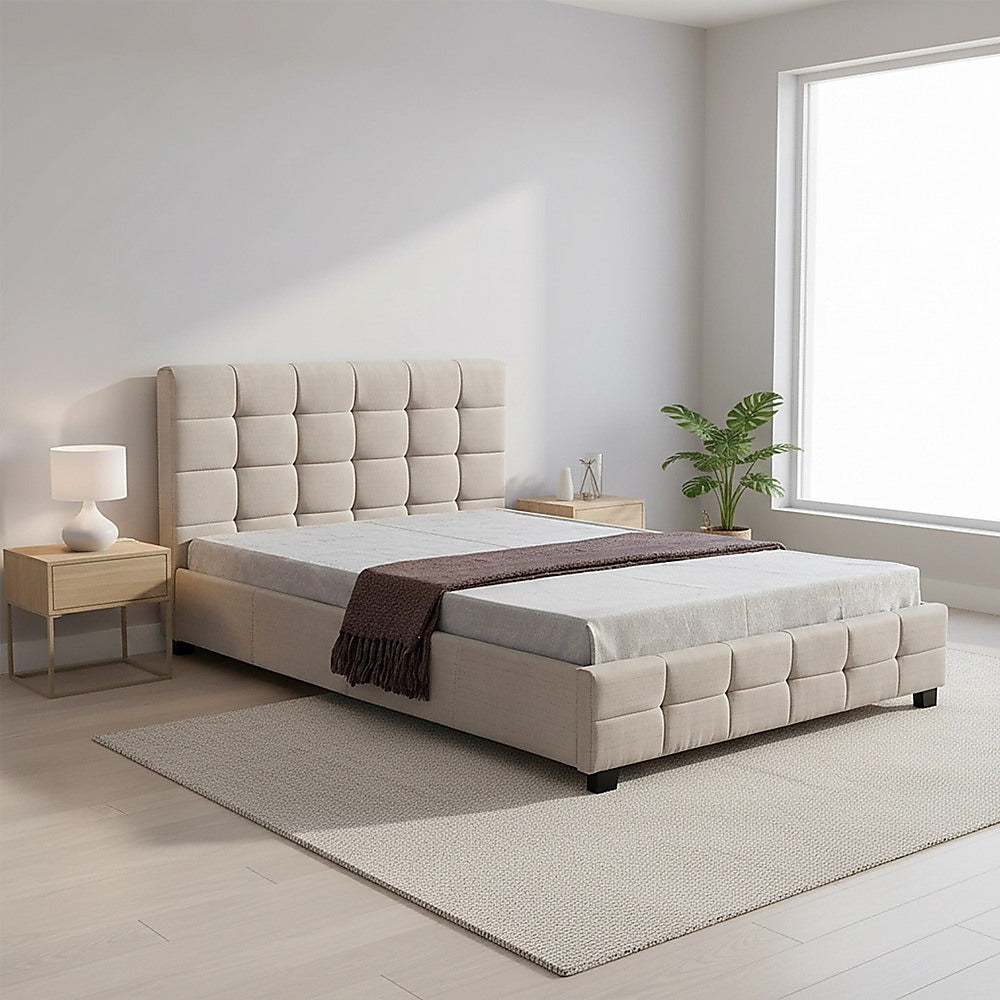 Double Bed Frame Linen Fabric Upholstered Modern Beige Bedroom Design
