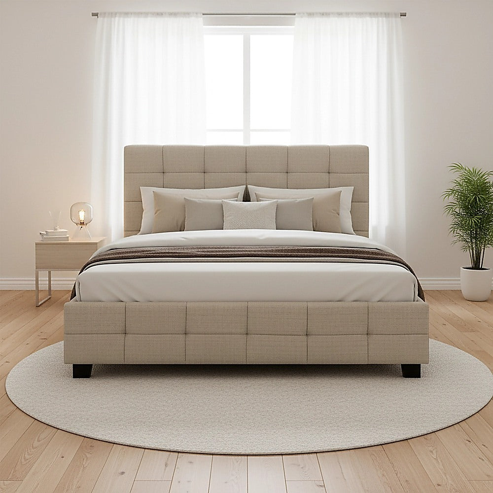 Double Bed Frame Linen Fabric Upholstered Modern Beige Bedroom Design
