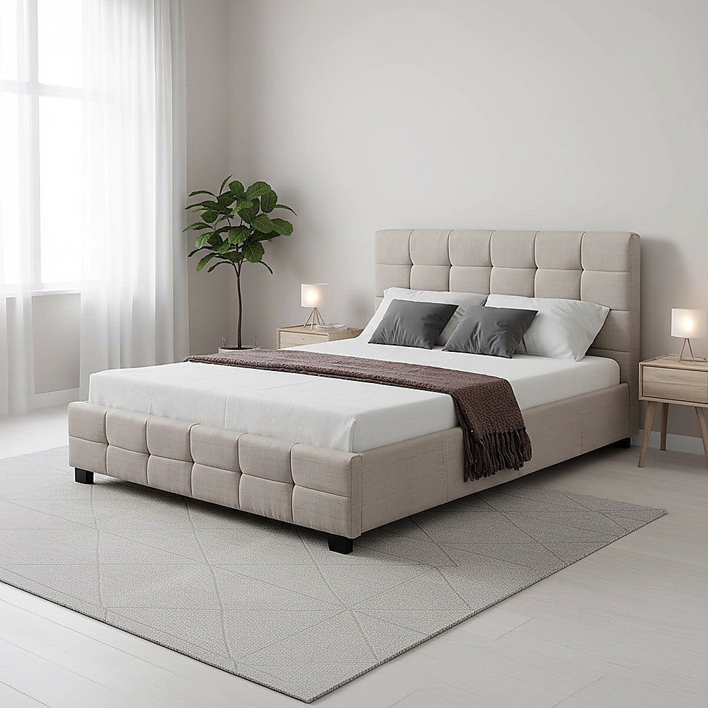 Double Bed Frame Linen Fabric Upholstered Modern Beige Bedroom Design