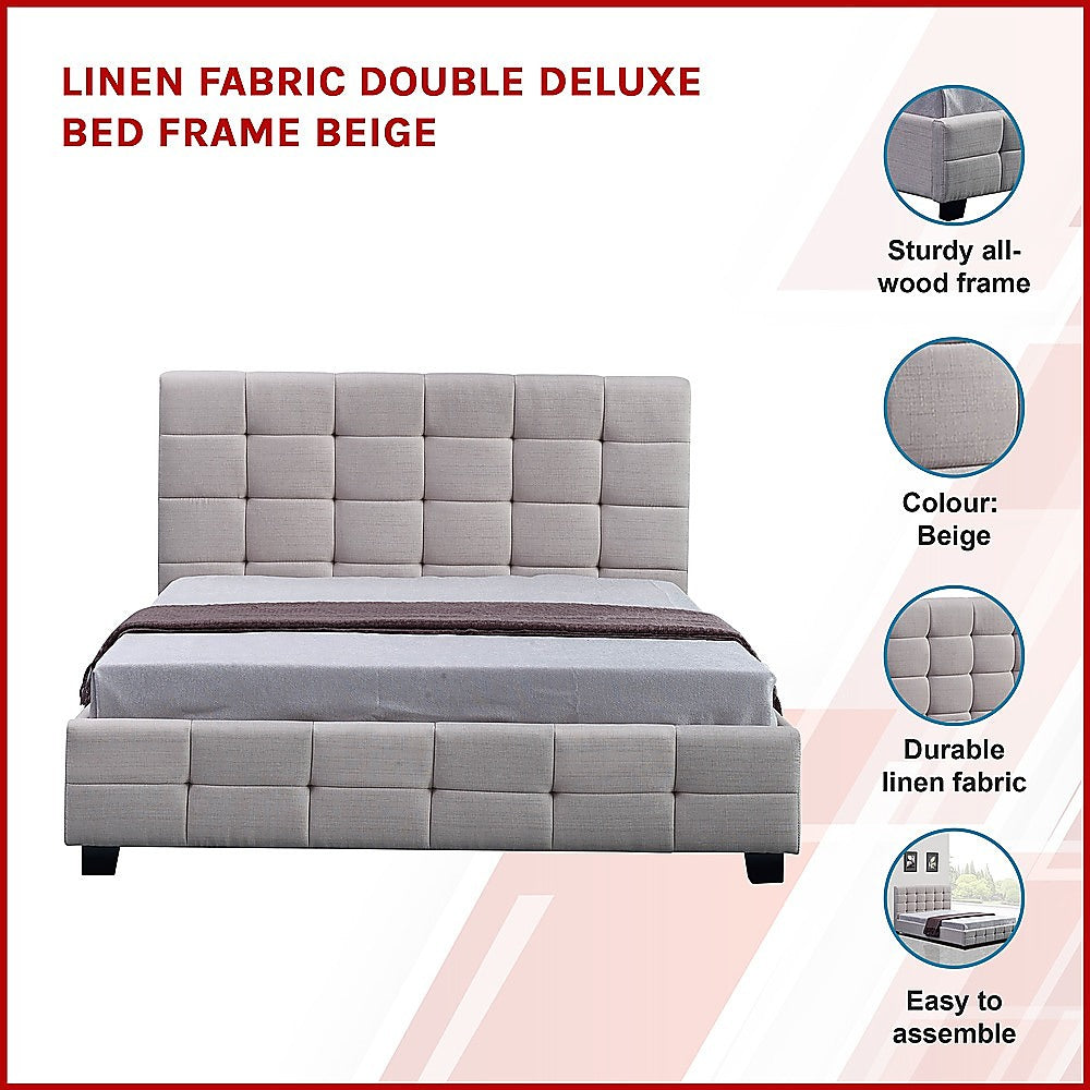 Double Bed Frame Linen Fabric Upholstered Modern Beige Bedroom Design