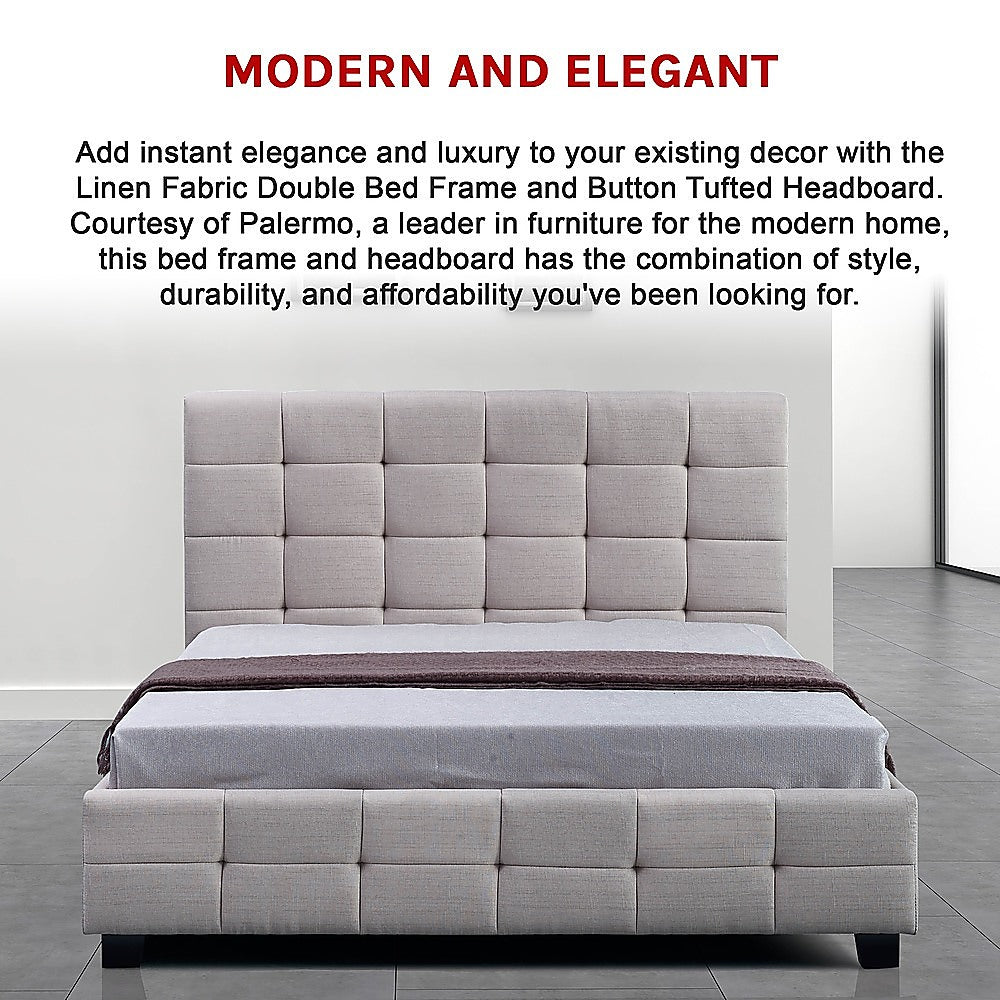 Double Bed Frame Linen Fabric Upholstered Modern Beige Bedroom Design