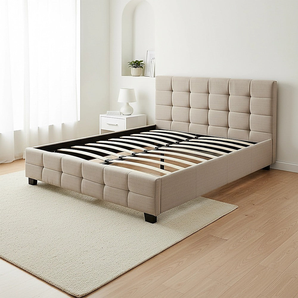 Queen Bed Frame Linen Fabric Upholstered Modern Beige Bedroom