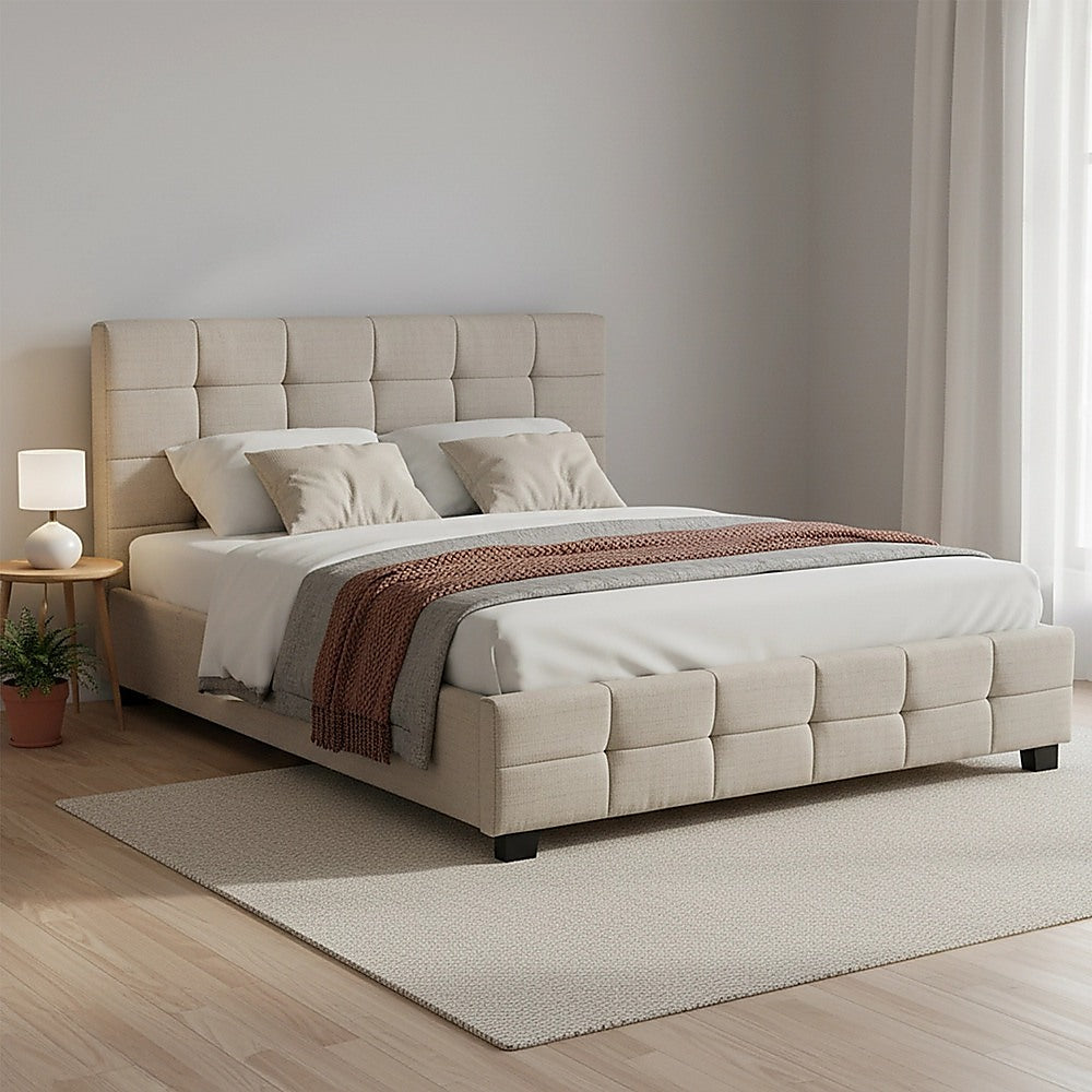 Queen Bed Frame Linen Fabric Upholstered Modern Beige Bedroom
