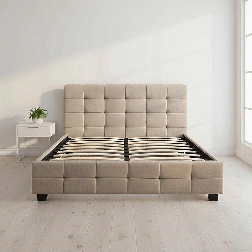 Queen Bed Frame Linen Fabric Upholstered Modern Beige Bedroom