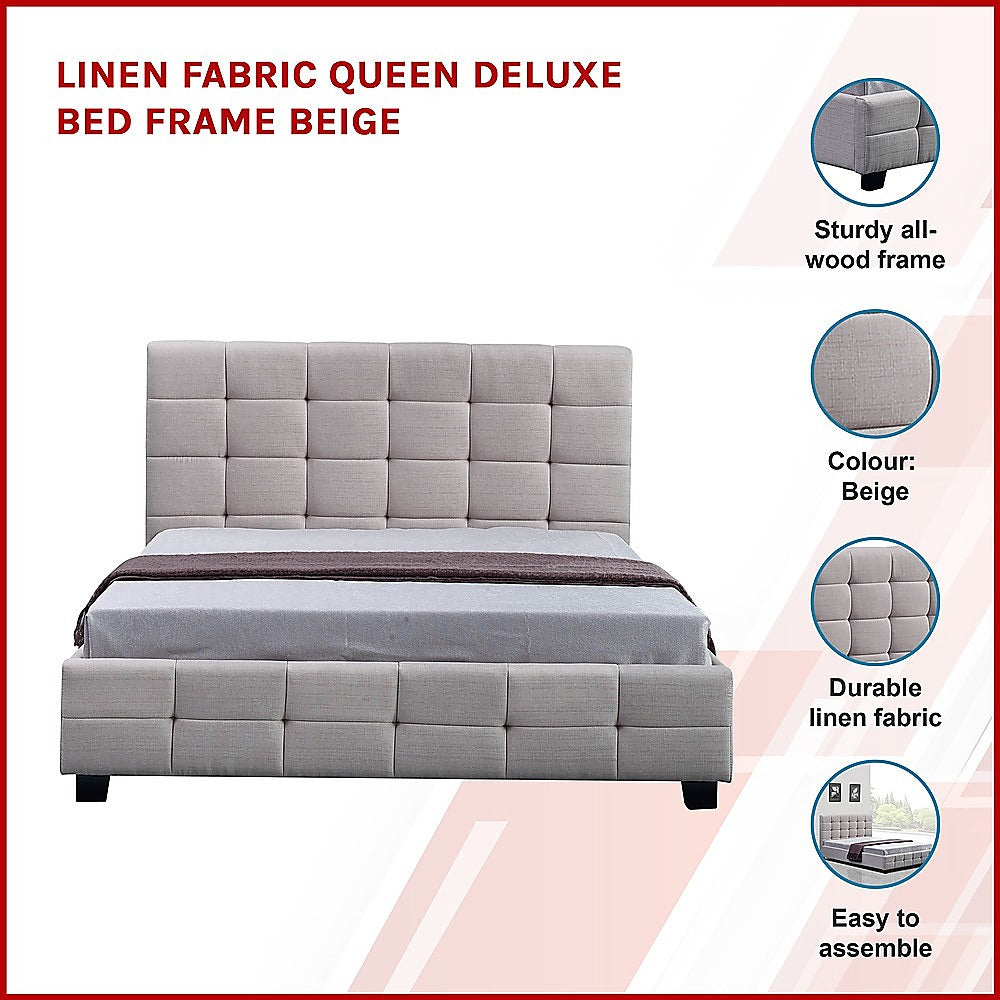 Queen Bed Frame Linen Fabric Upholstered Modern Beige Bedroom