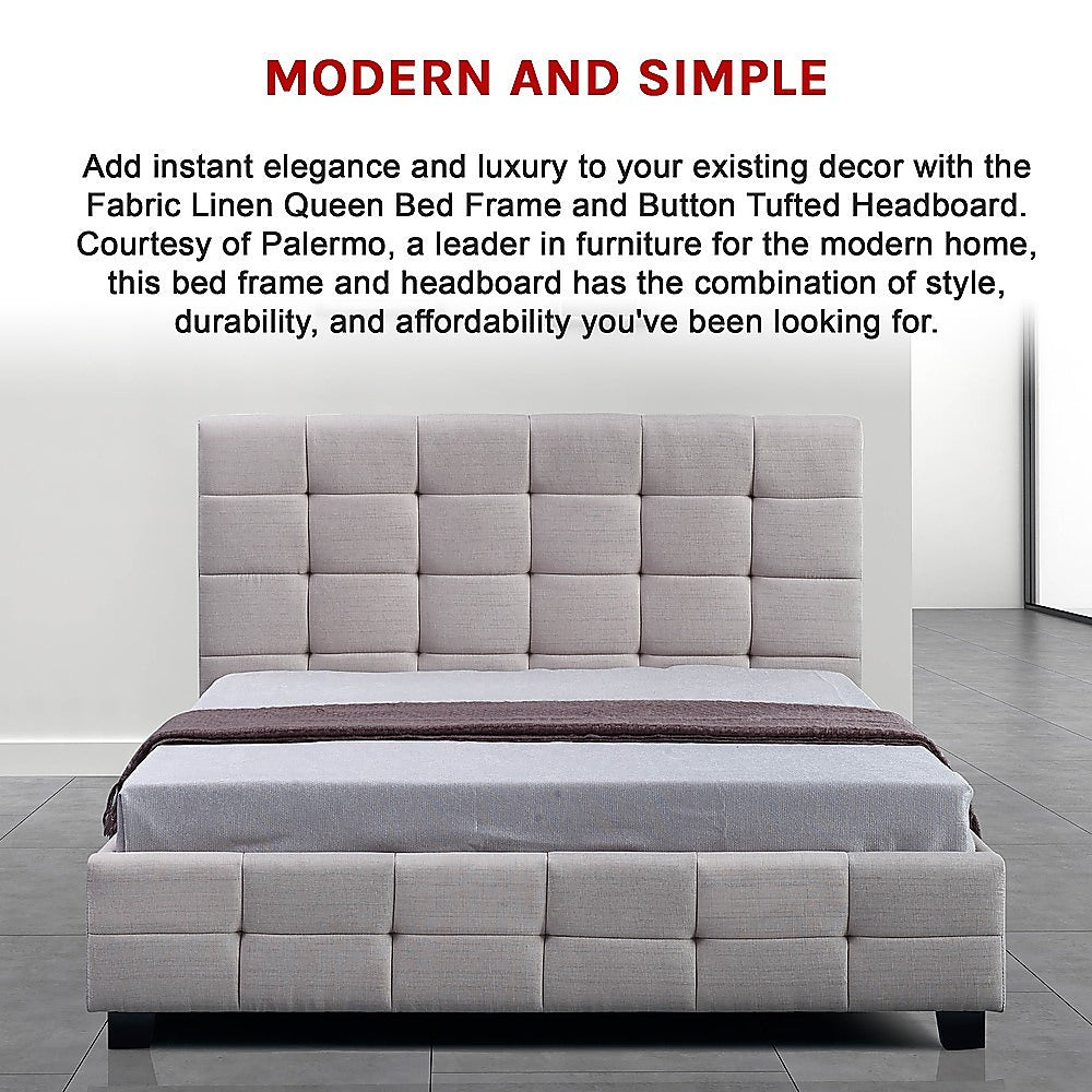 Queen Bed Frame Linen Fabric Upholstered Modern Beige Bedroom