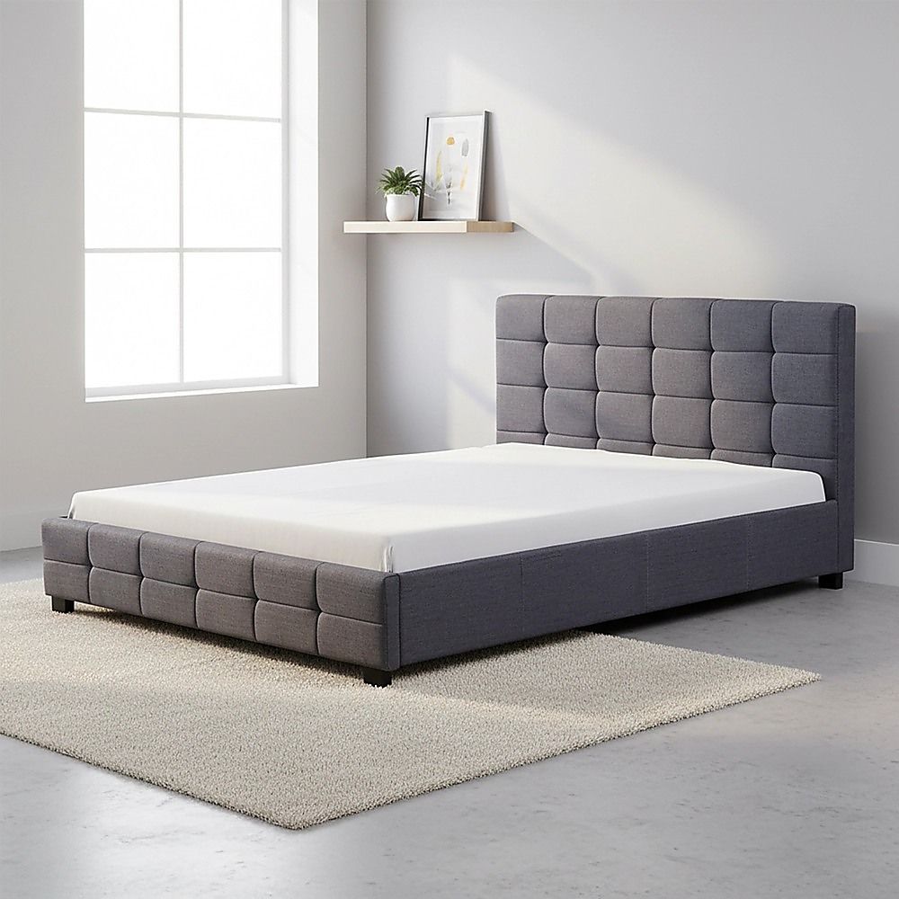 Queen Bed Frame Linen Fabric Upholstered Modern Grey Bedroom