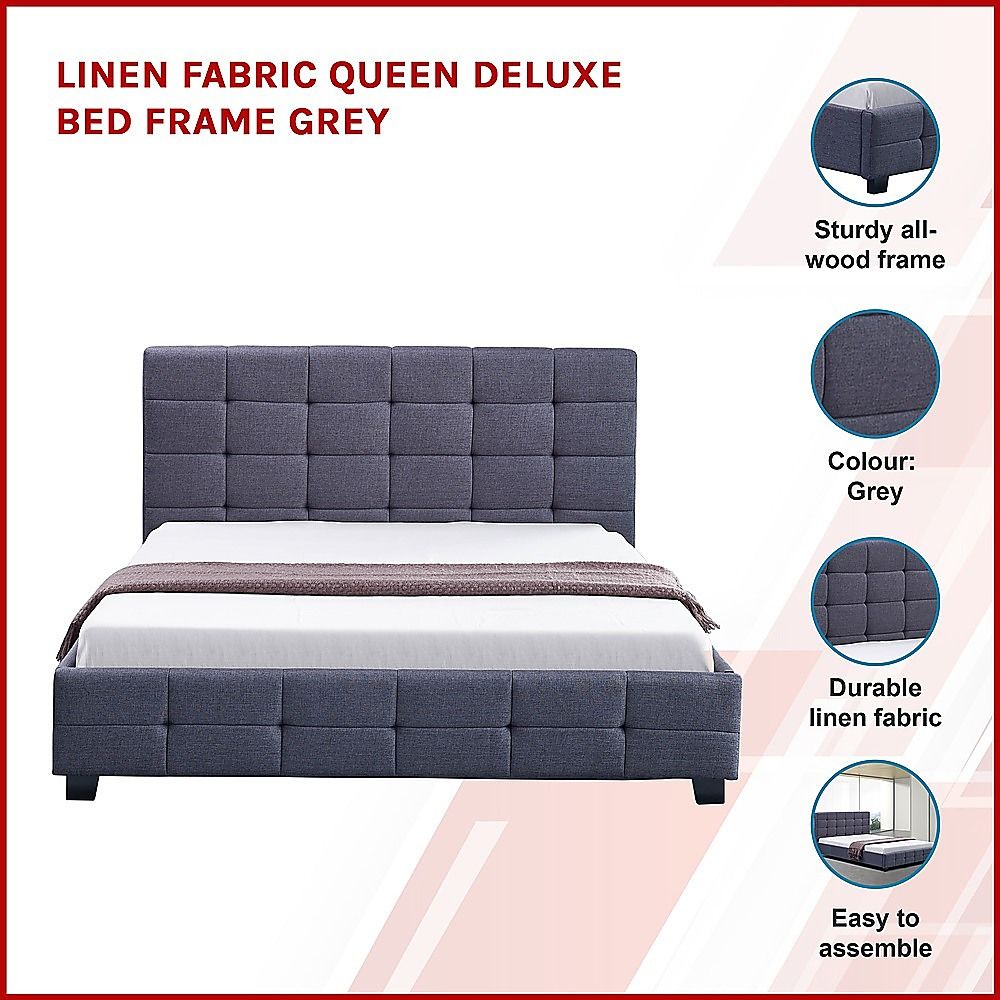 Queen Bed Frame Linen Fabric Upholstered Modern Grey Bedroom