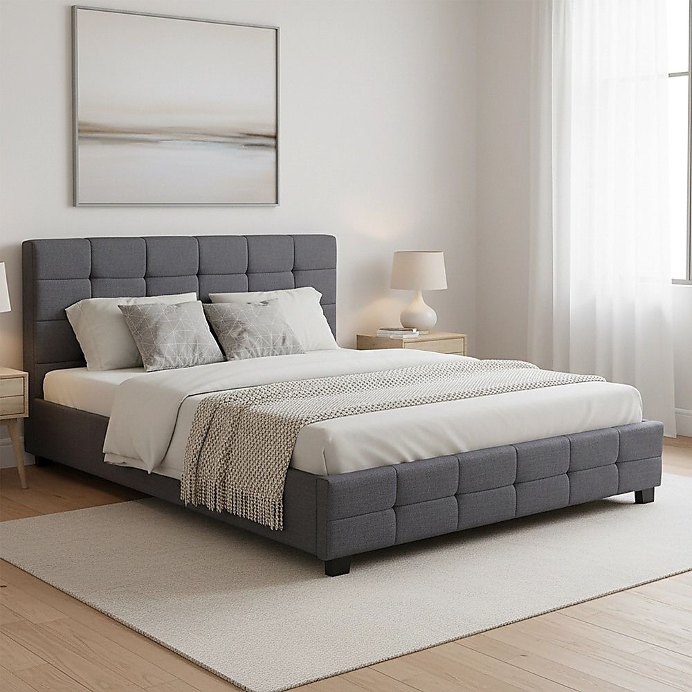 Queen Bed Frame Linen Fabric Upholstered Modern Grey Bedroom