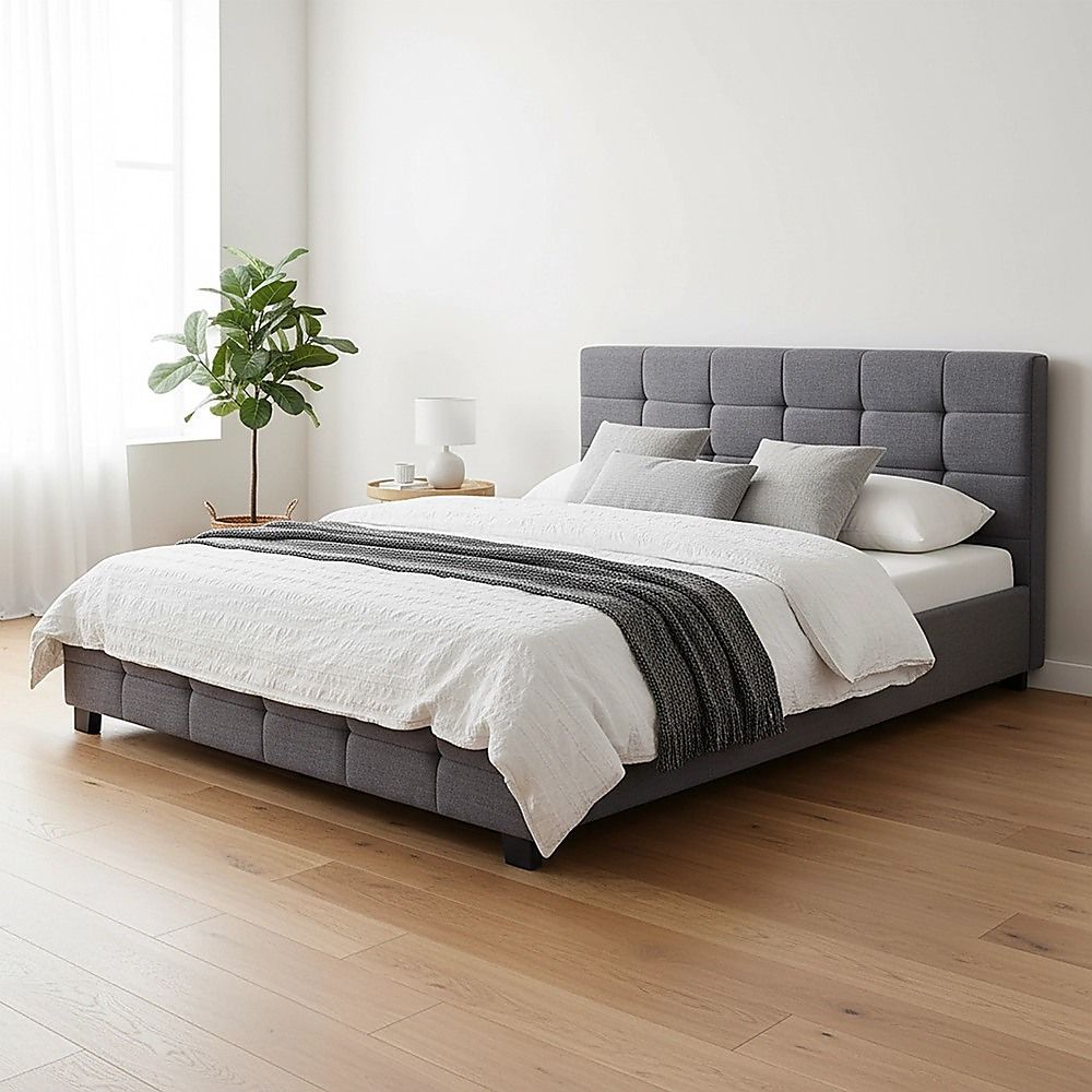 Queen Bed Frame Linen Fabric Upholstered Modern Grey Bedroom