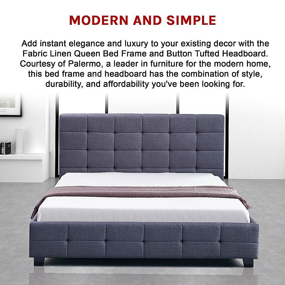 Queen Bed Frame Linen Fabric Upholstered Modern Grey Bedroom