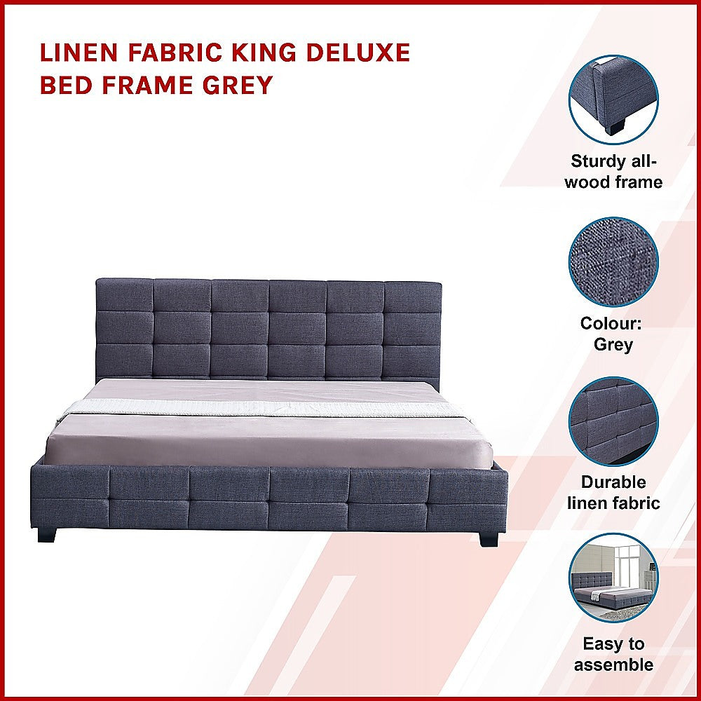 King Bed Frame Linen Fabric Upholstered Modern Grey Bedroom Design
