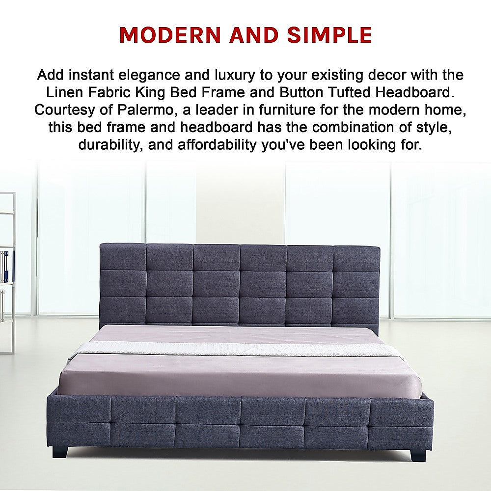 King Bed Frame Linen Fabric Upholstered Modern Grey Bedroom Design