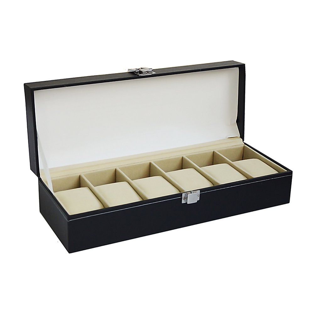6 Slot Mens Watch Display Case Box Black Pu Leather, Black colour