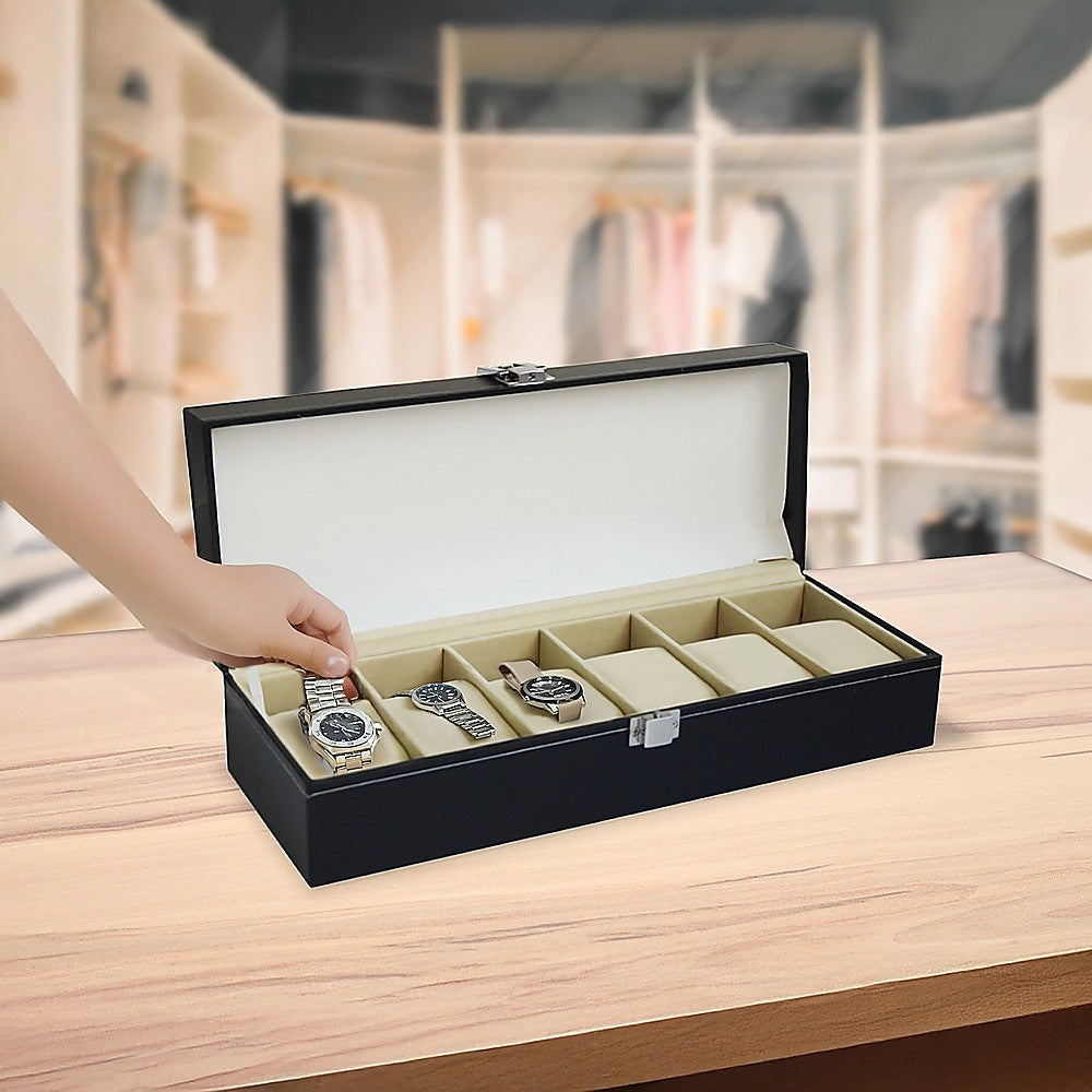 6 Slot Mens Watch Display Case Box Black Pu Leather, Leather finish