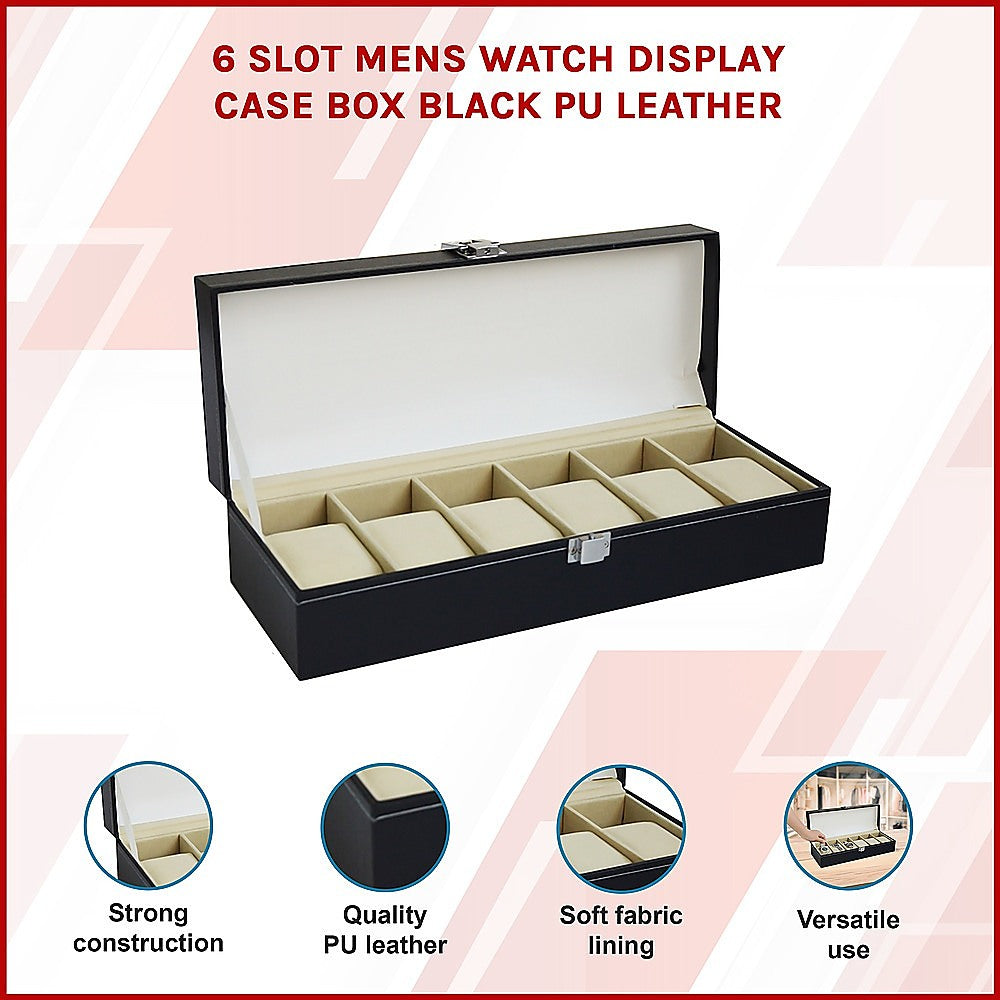 6 Slot Mens Watch Display Case Box Black Pu Leather with Arts & Crafts