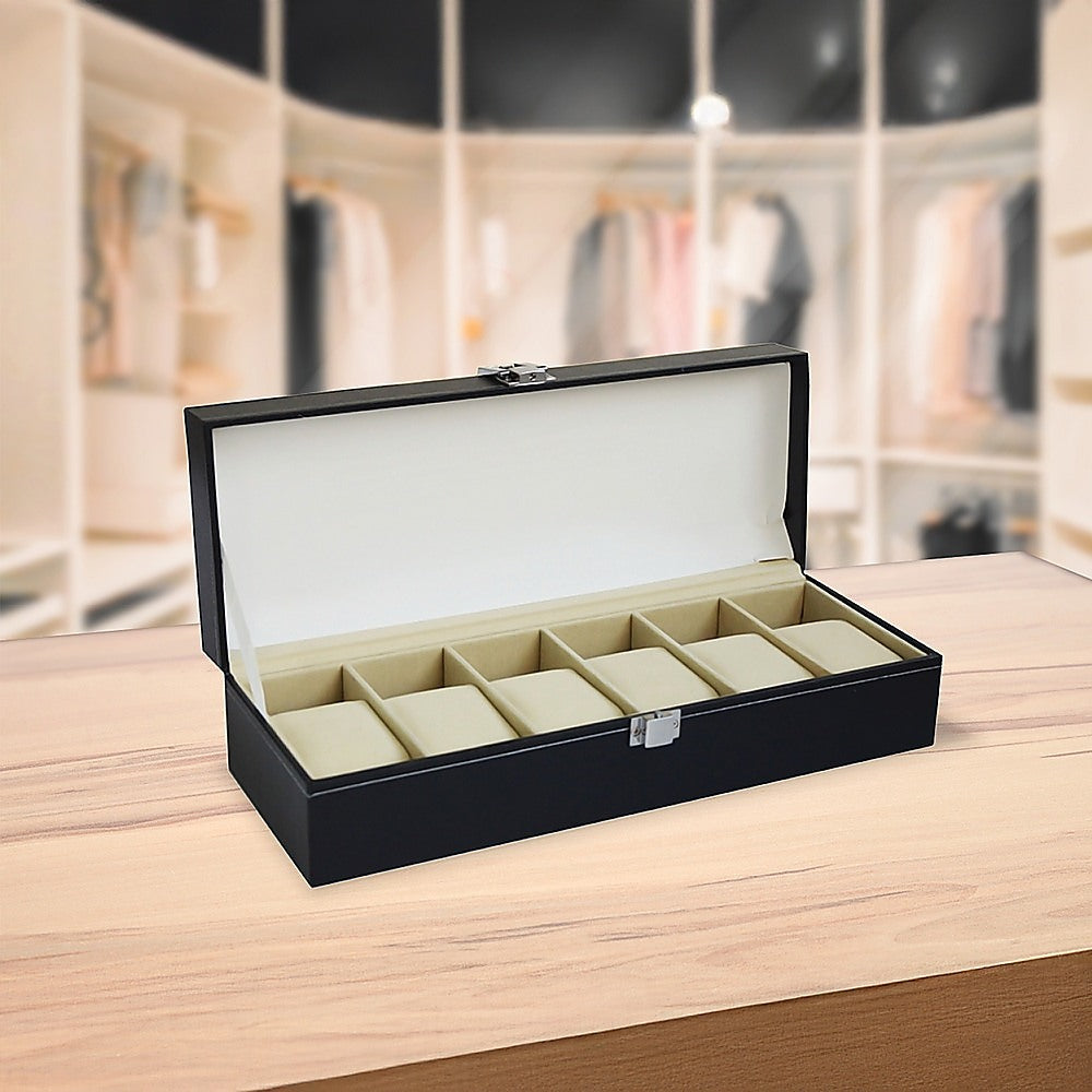 6 Slot Mens Watch Display Case Box Black Pu Leather | Leather finish
