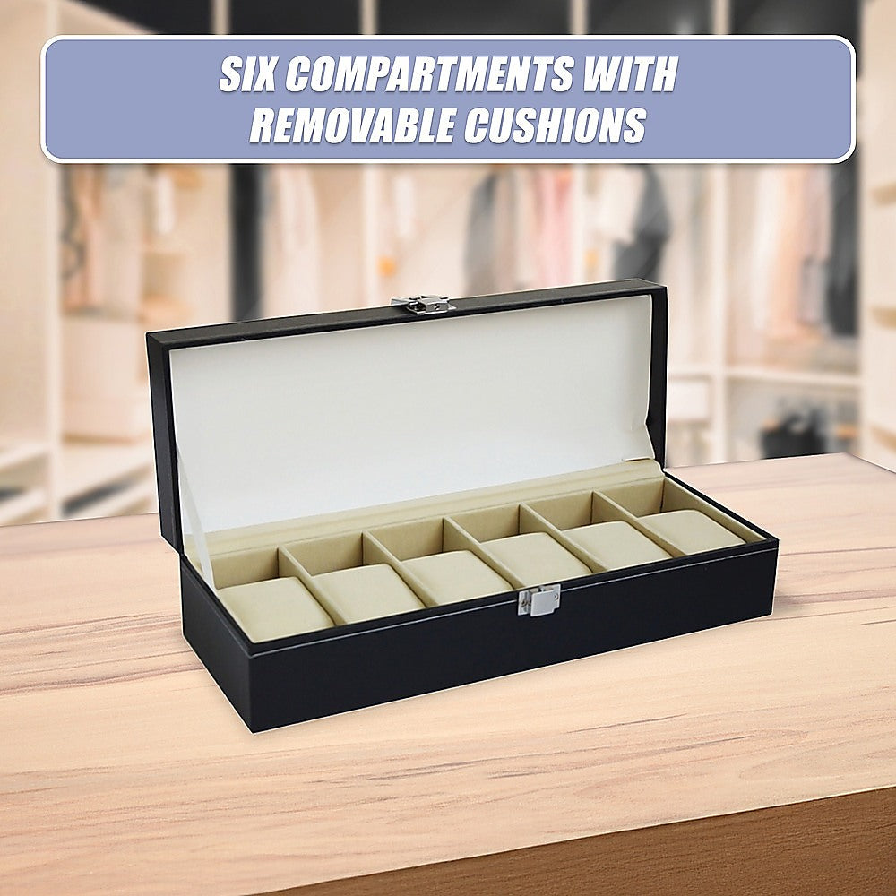 Leather finish - 6 Slot Mens Watch Display Case Box Black Pu Leather
