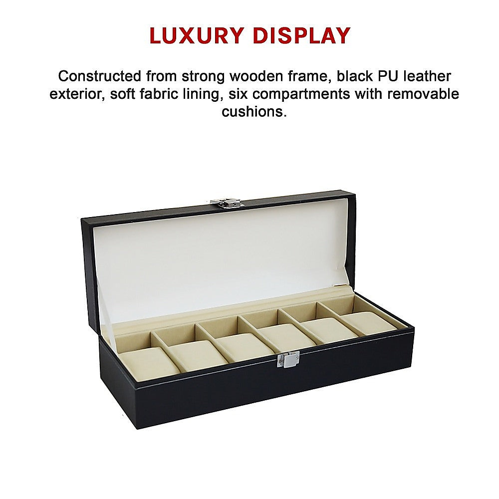 6 Slot Mens Watch Display Case Box Black Pu Leather | Black colour