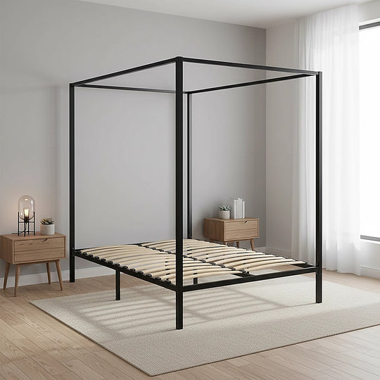 Double Bed Frame Four Poster Timber Canopy Bedroom Furniture, Beds & Bed Frames