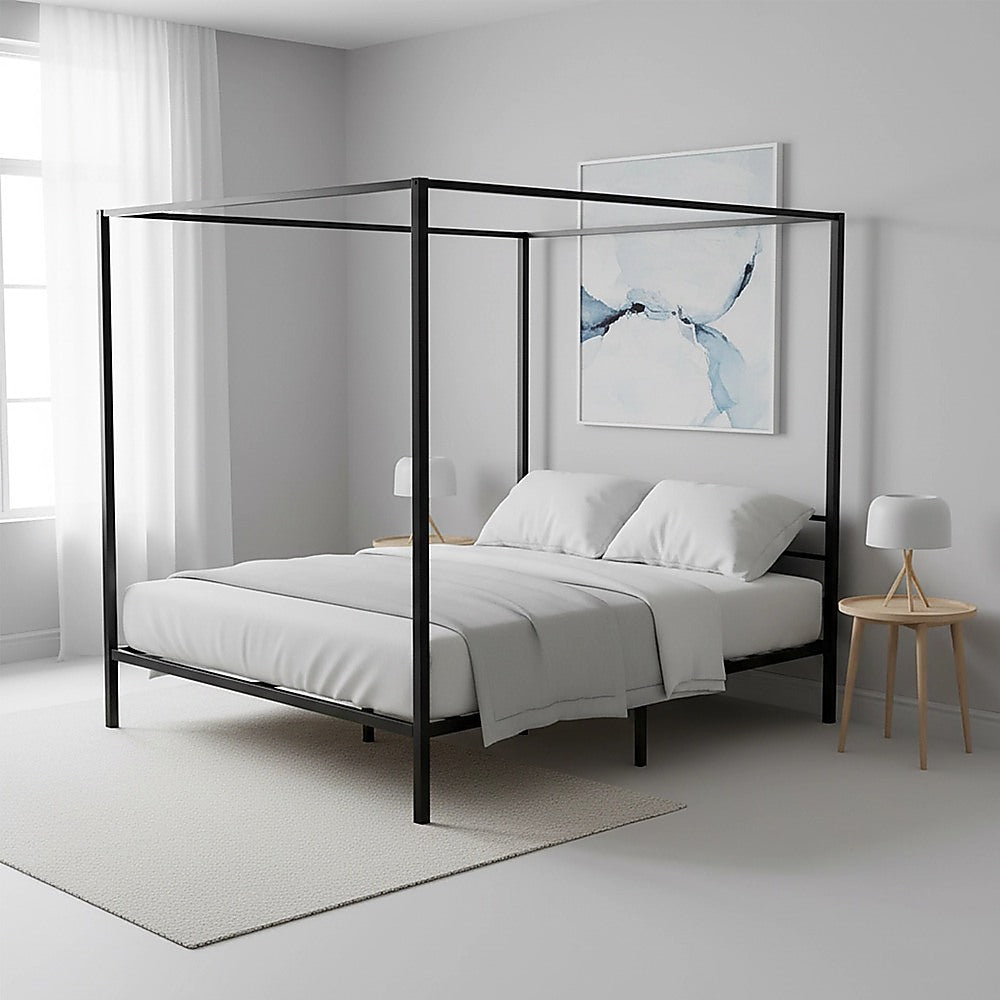 King Bed Frame Four Poster Steel Black King Size with Sturdy Slats