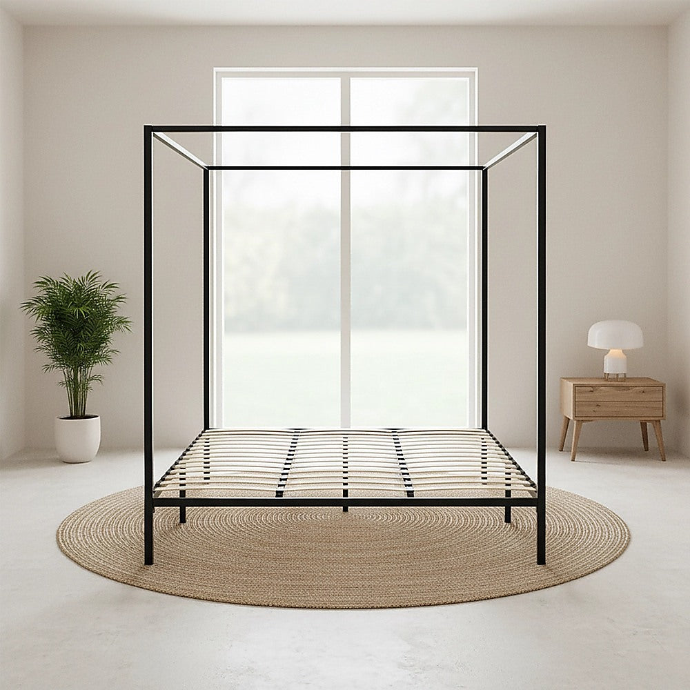King Bed Frame Four Poster Steel Black King Size with Sturdy Slats