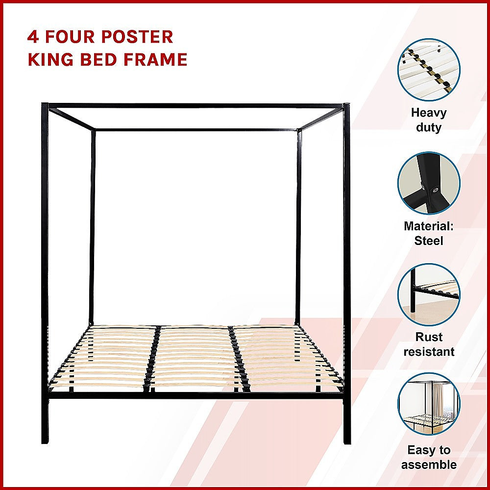 King Bed Frame Four Poster Steel Black King Size with Sturdy Slats