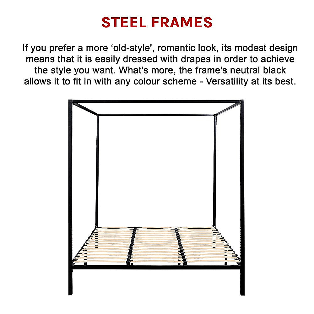 King Bed Frame Four Poster Steel Black King Size with Sturdy Slats