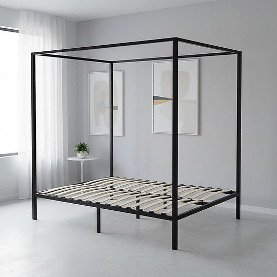 Queen Bed Frame Four Poster Steel Black with Sturdy Slats and Modern Design
