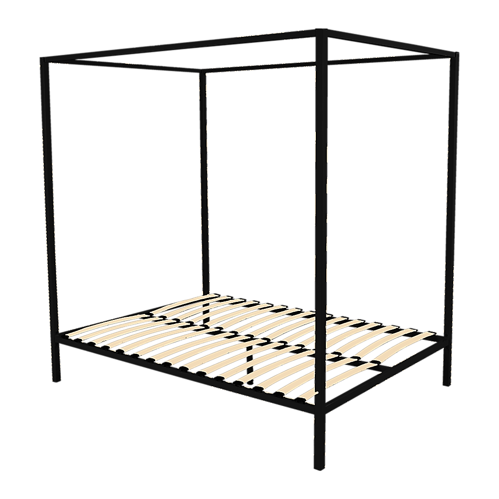 Queen Bed Frame Four Poster Steel Black with Sturdy Slats and Modern Design