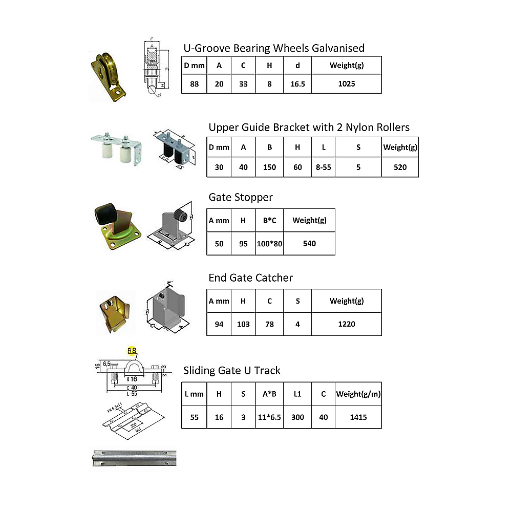 Sliding Gate Hardware Accessories Kit - 6M Track, Wheels