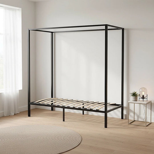 Single Bed Frame Four Poster Black Steel with Wooden Slats and Modern Design