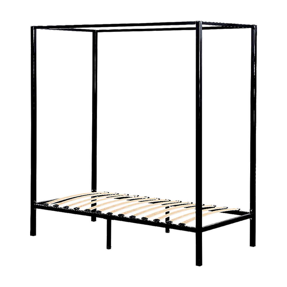 Single Bed Frame Four Poster Black Steel with Wooden Slats and Modern Design